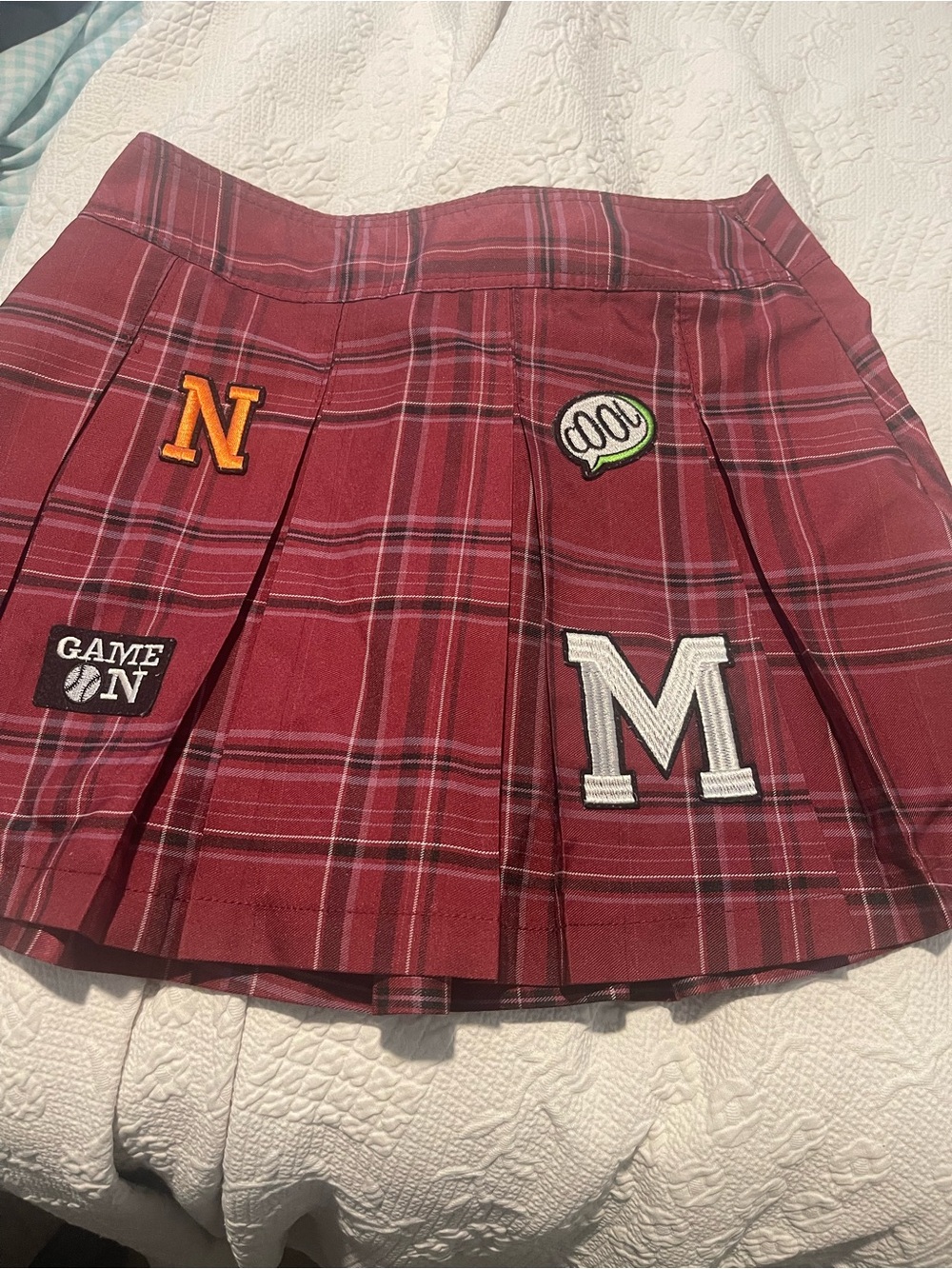Plaid Patch Detail Mini Skirt - Red Plaid Pleated  M W28 L15.5 Academia Schoolgi
